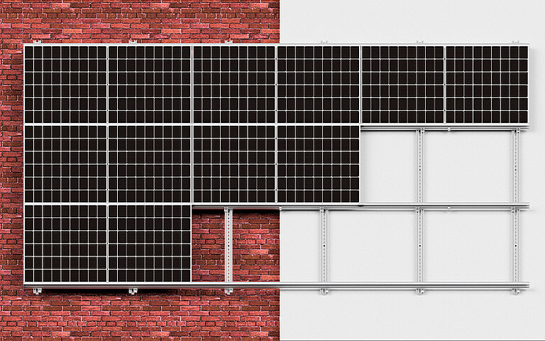 Ein Photovoltaik Fassaden Montagesystem an einer Mauerwerksfassade und einer Betonfassade.