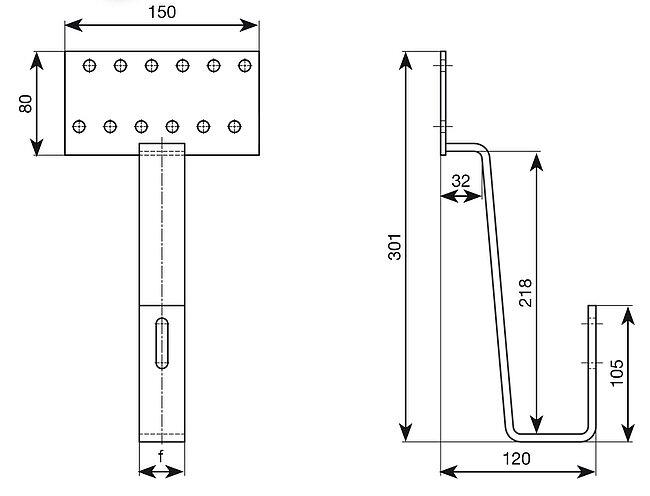 Drawing of a plain tile roof hook with base plate - © ALTEC PV mounting systems and components
