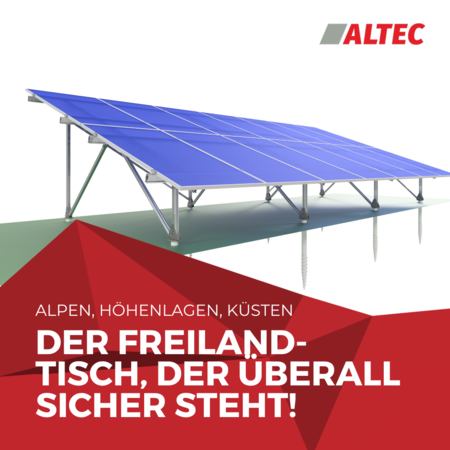 Bild eines windlast- und schneelaststabilen PV-Freiland-Tischs von ALTEC
