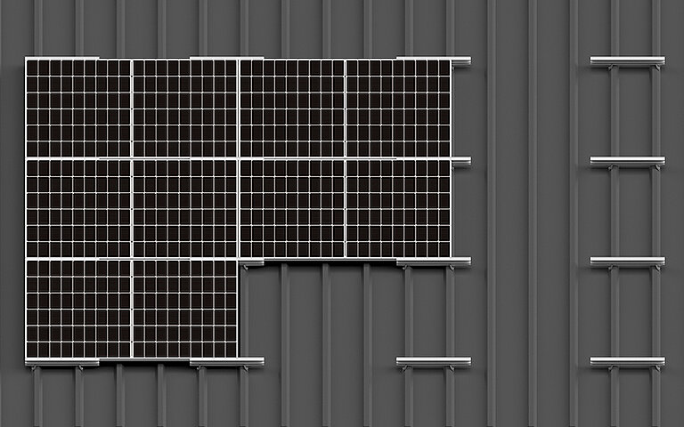 Ein Photovoltaik Fassaden Montagesystem an einer Trapezblech-Fassade.