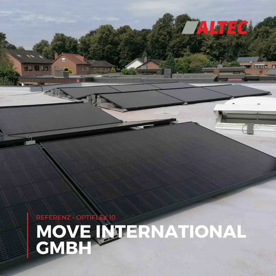 Bild einer PV-Anlage, realisiert mit dem Flachdach-Montagesystem OPTIFLEX 10 von ALTEC